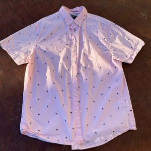 Men’s Denim & Flower Pink Short Sleeve Flamingo Button Up Shirt Size Large